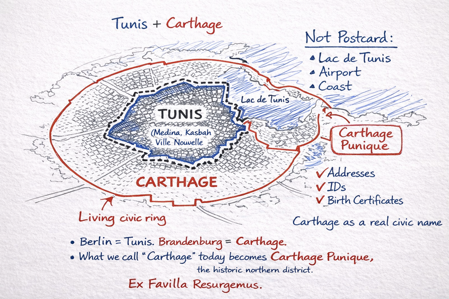 Concept sketch: Tunis as a defined core, Carthage as the surrounding ring